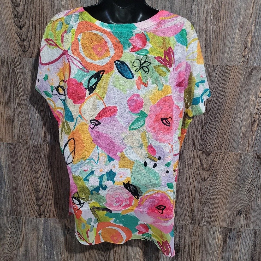 Jess & Jane Sangria Light Knit Top Chiffon Asymmetric Contrast L Vibrant Floral - Picture 8 of 12